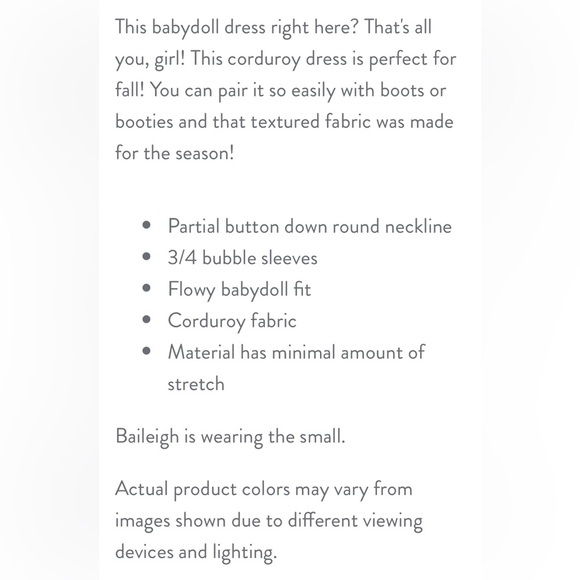 Magenta Corduroy Short Babydoll Dress | Large | Long Sleeves | NWT - Picture 6 of 10